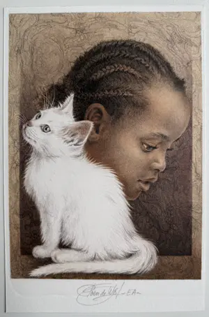 Poen de Wijs - handgesigneerde kleurenlitho | 'Kinderspel - Meisje met witte kat'| 2006 kopen? Bied vanaf 100!