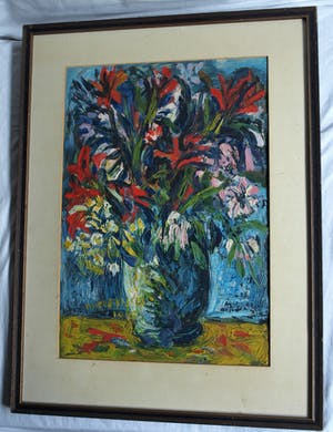 Niet of onleesbaar gesigneerd - Ingelijst, olieverf op papier , Bloemstilleven – Turkije? – 1978 kopen? Bied vanaf 1!