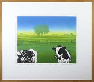 Hans Heijman - Zeefdruk, Koeien in Polderland - Ingelijst verkocht voor € 35!