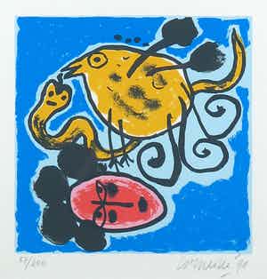 Corneille - Litho, L'oiseau et serpent - Ingelijst verkocht voor € 150!