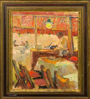 Hans Bayens - Olieverf, Zonder titel (Restaurant tafereel) - Ingelijst verkocht voor € 1500!