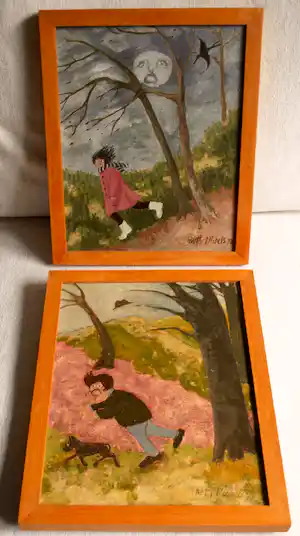 Netty Michels - 2 Naïeve Olieverfschilderijen, Winderige…. – ingelijst - 1972 en 1973 verkauft für € 90!