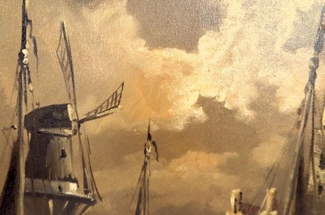 Niet of onleesbaar gesigneerd - Haarlem, Spaarne haven bij maanlicht - Gesigneerd:Vos (wie?) - Prachtige lijst! kopen? Bied vanaf 1!