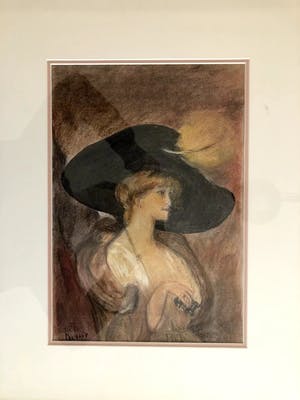 Niet of onleesbaar gesigneerd - Chique vrouw met verrekijker - Krijttekening, Ingelijst kopen? Bied vanaf 1!