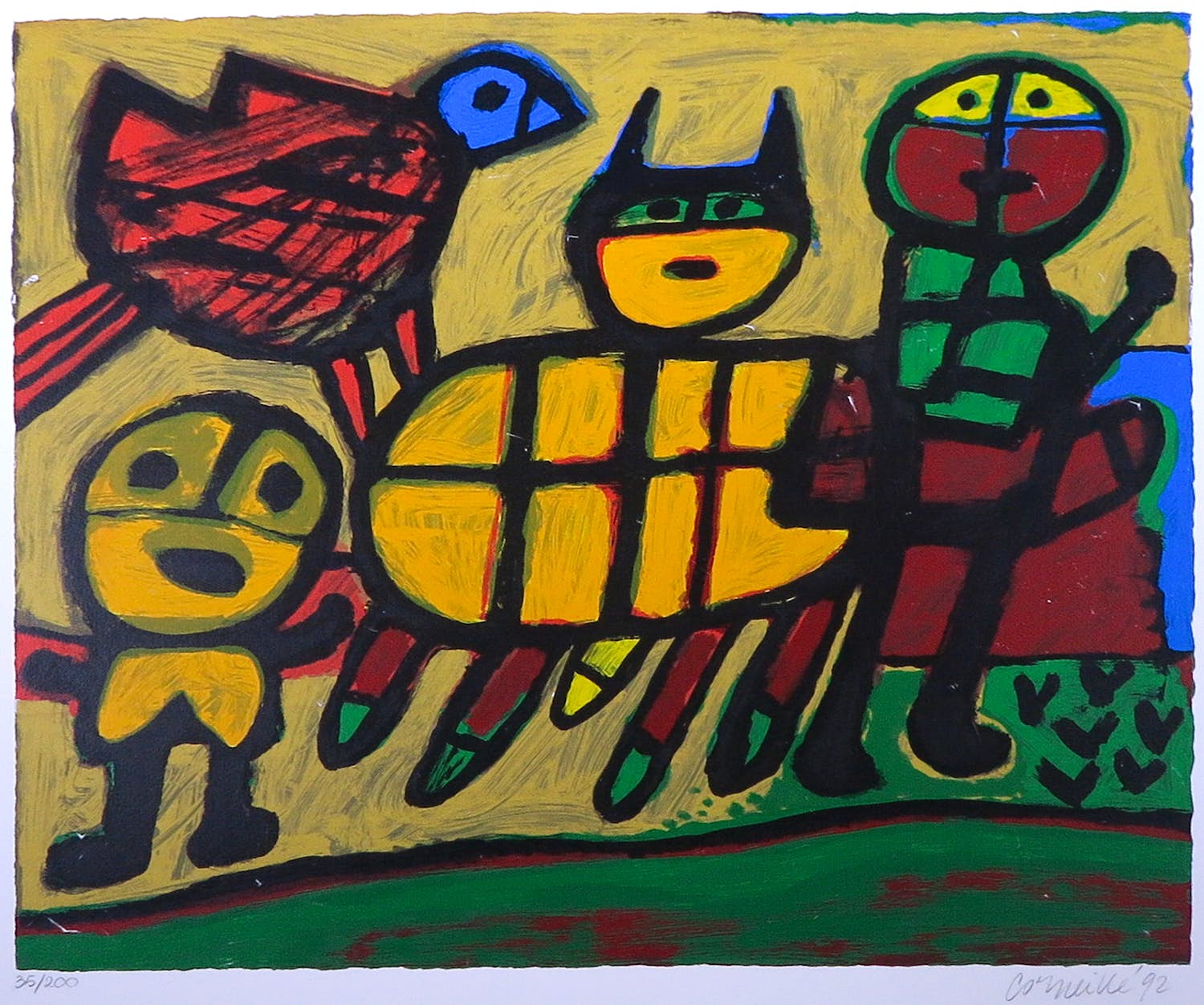 Corneille - Zeefdruk, Vogel, kat en figuren verkocht voor € 150!