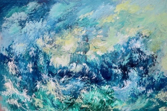 Niet of onleesbaar gesigneerd - Azat Malik - Schip op woeste zee - In net passe-partout kopen? Bied vanaf 1!