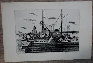 Jos van den Berg - Ets: (IJmuiden)Sleepboot met boei - 1964 kopen? Bied vanaf 45!