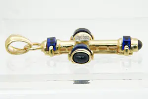 24-  Grote & massief 18 krt geel-gouden Kruis hanger met gefacett. blauwe stenen kopen? Bied vanaf 570!