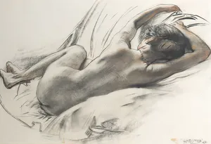 Huib Luns - Potlood- en krijttekening, Liggend naakt - Ingelijst kopen? Bied vanaf 70!