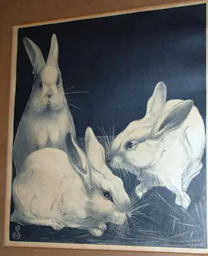 Jan Schonk - steendruk konijnen - ingelijst kopen? Bied vanaf 75!