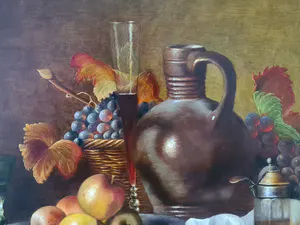 Hans Habraken - Stilleven met aardewerken kruik, druiven en appels kopen? Bied vanaf 450!