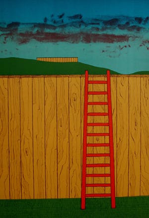 Mark Brusse - Litho: " Twee Schuttingen " - 1973 kopen? Bied vanaf 95!