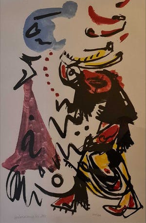 Theo Wolvecamp - Zeefdruk, handgesigneerd. Figuur op een blauwe maandag kopen? Bied vanaf 275!