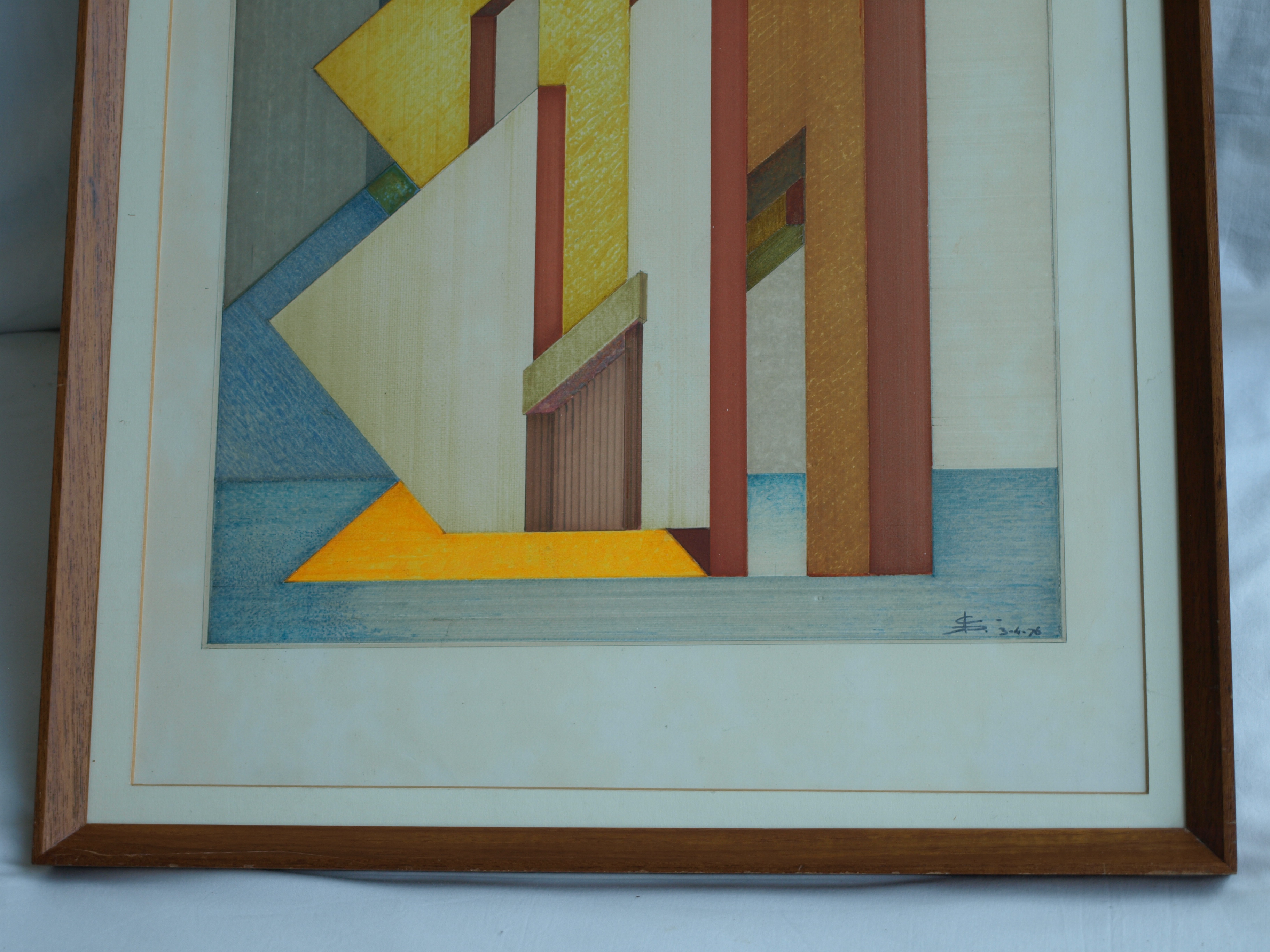 Niet of onleesbaar gesigneerd - Tekening , Bouwwerk – gesigneerd d.m.v. monogram – ingelijst - 1976  kopen? Bied vanaf 1!