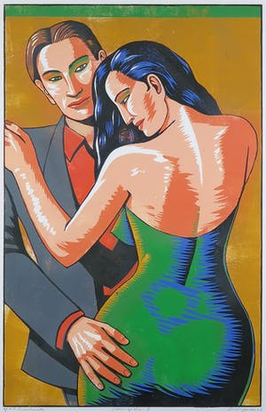 Leon Janssen - Houtsnede, Paar op oker - Ingelijst kopen? Bied vanaf 80!