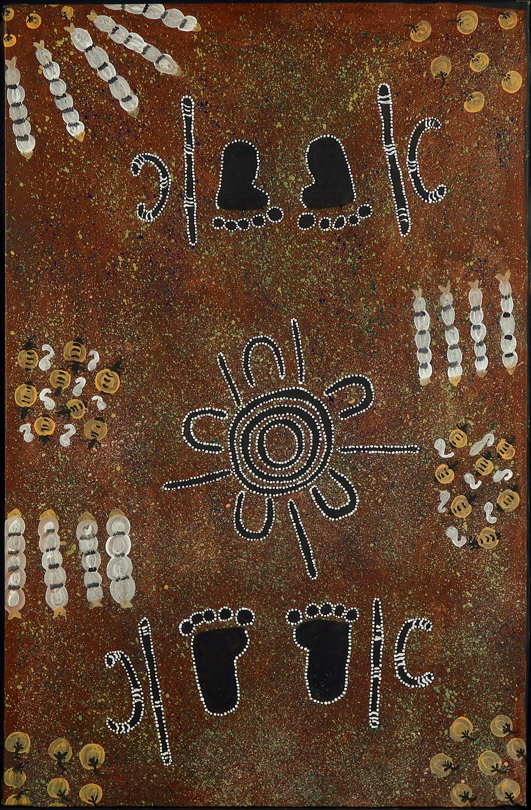 Rosalie Richards - Acryl op doek, Arrival at a waterhole meeting place (Aboriginal art) verkocht voor € 100!