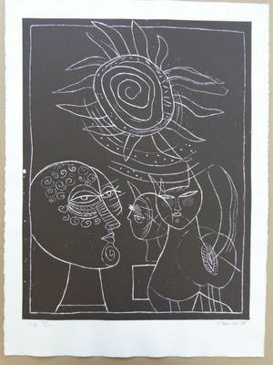 Corneille - FEMME ET FAUNE FAMILIERE / ZW-W ETS / 76x56cm / SIG 1978 kopen? Bied vanaf 165!