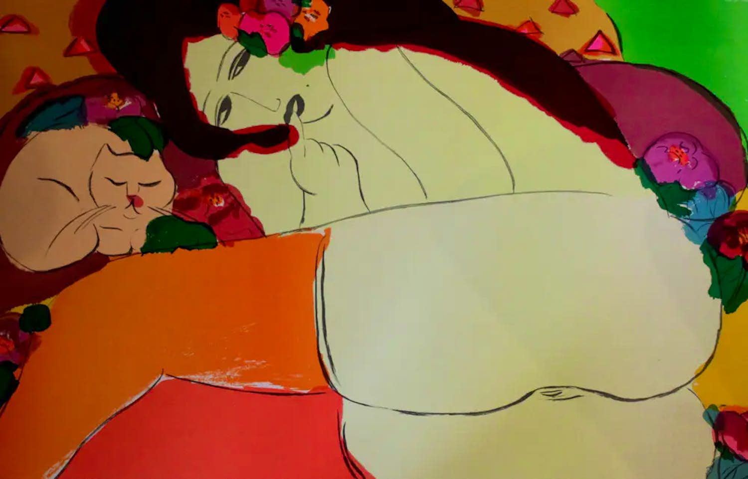 Walasse Ting - Kleurenlitho: Liggende naakte dame en een kat kopen? Bied vanaf 595!