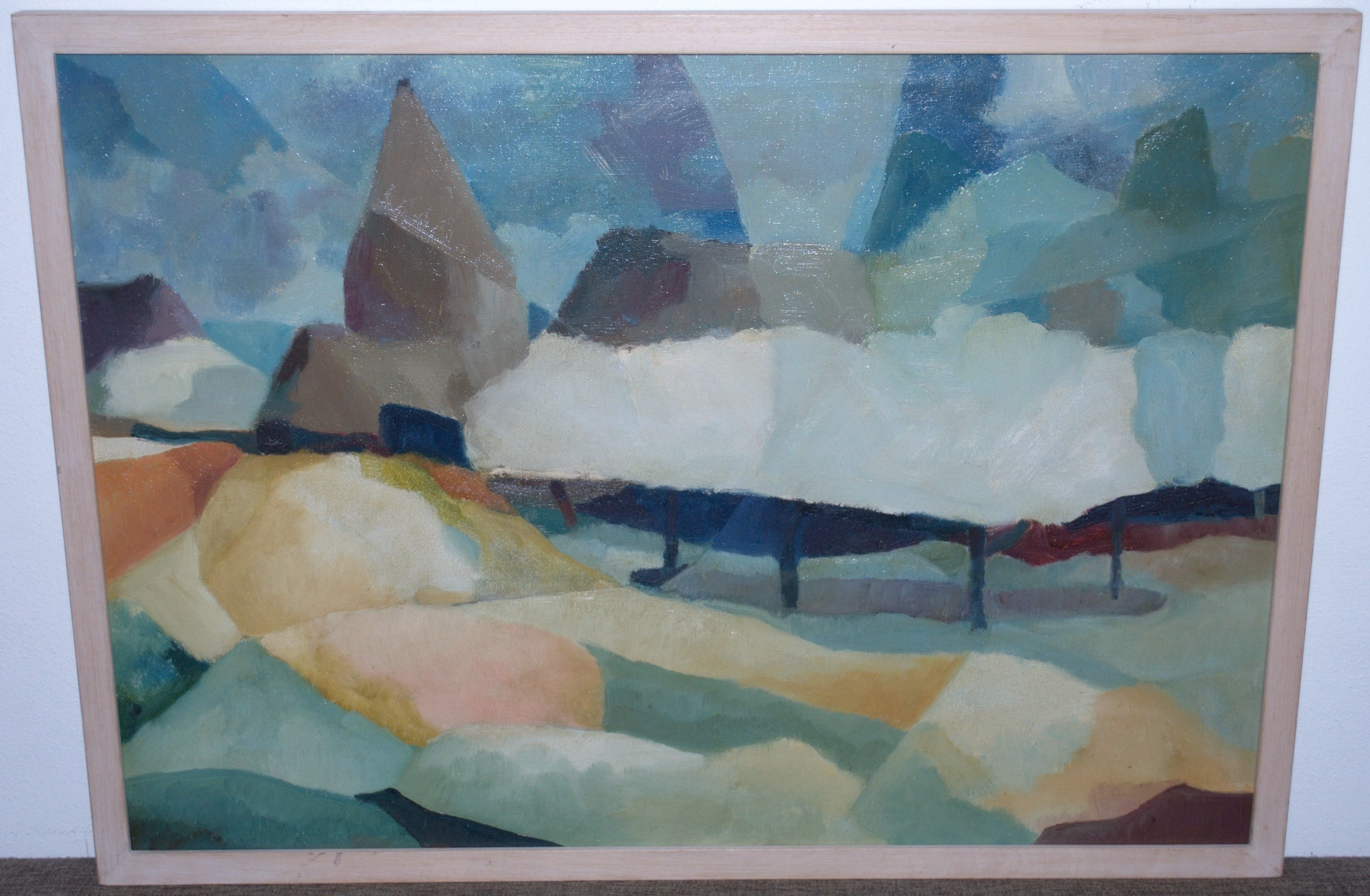 Niet of onleesbaar gesigneerd - abstract landschap met kerk - olieverf 50x70 cm verkocht voor € 1!