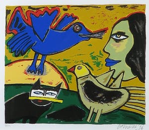 Corneille - Zeefdruk, Femme avec oiseau blue - Ingelijst kopen? Bied vanaf 1!