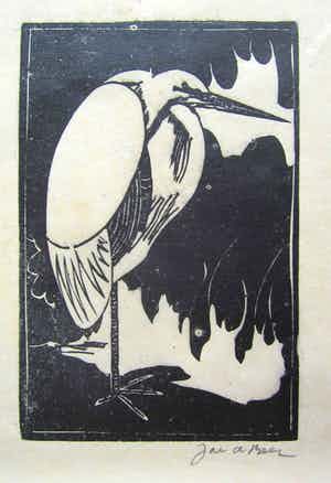 Jac. de Beer - Houtsnede, een Reiger verkocht voor € 10!