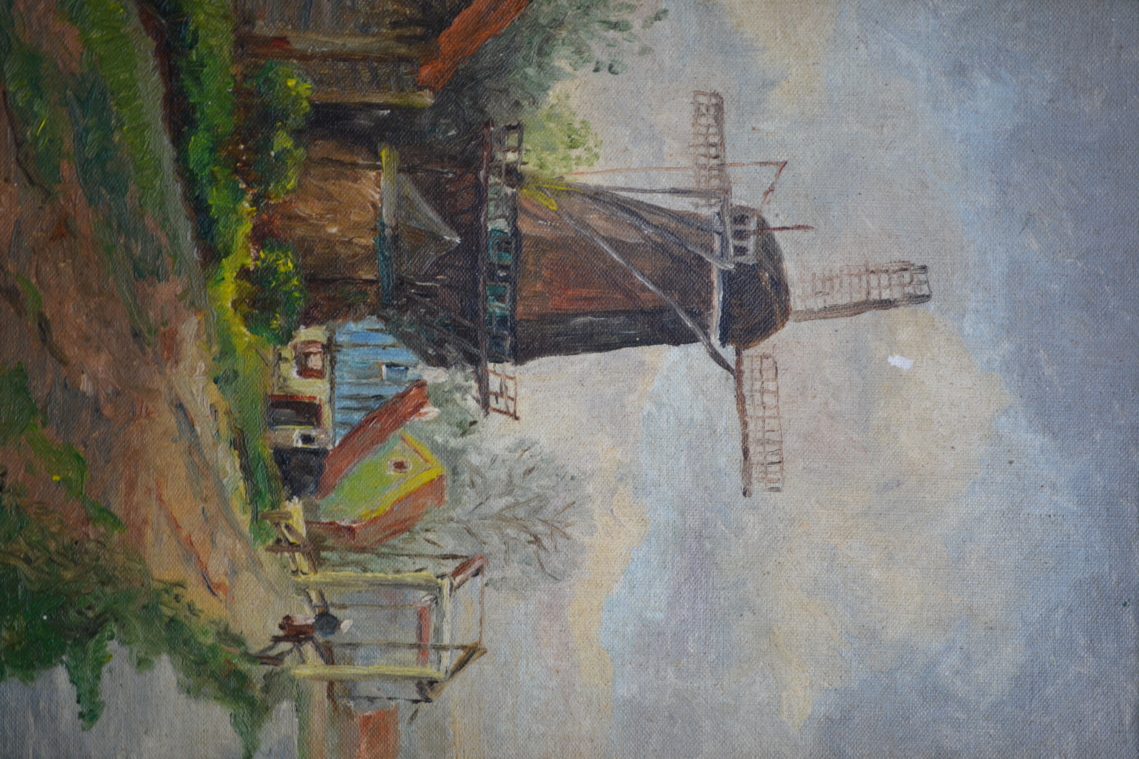 Niet of onleesbaar gesigneerd - Hollandse school (monogram JG, 20ste eeuw) - 2x molen aan rivier kopen? Bied vanaf 1!