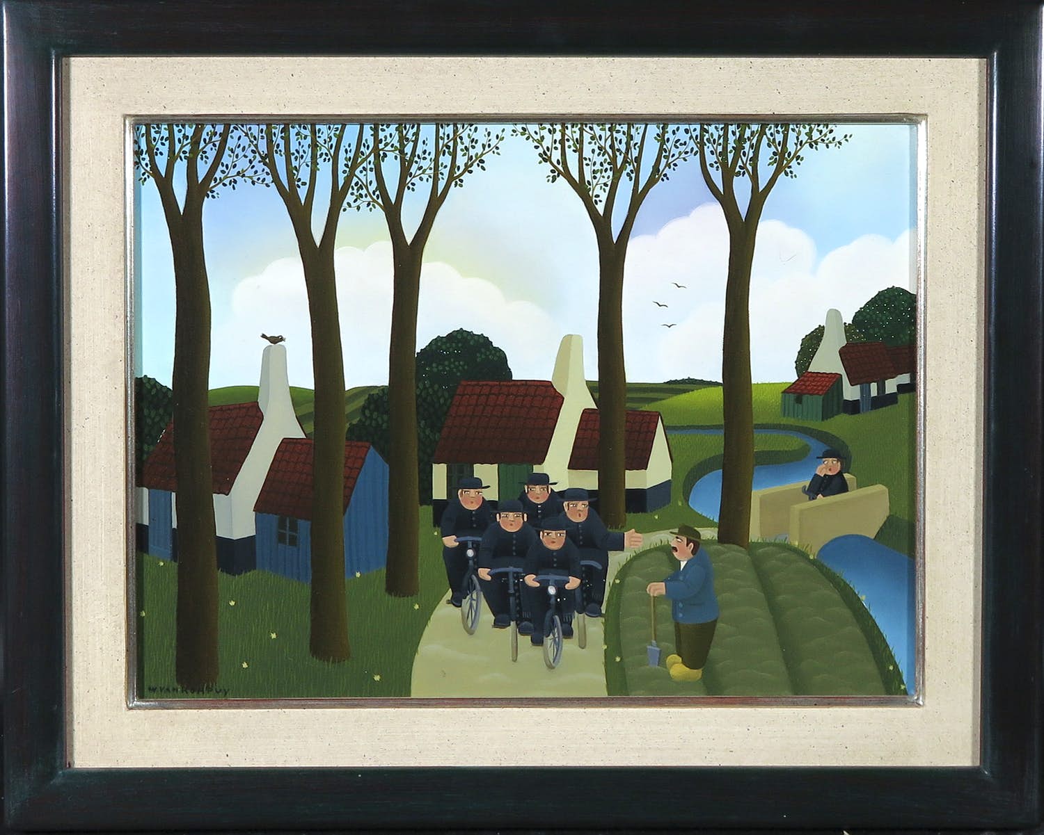 Wim van Rompuy - Olieverf op paneel, Fraterkes op de fiets - Ingelijst verkocht voor € 200!