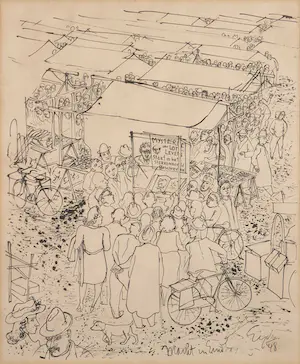 Charles Eyck - Pentekening, Markt in Eindhoven - Ingelijst kopen? Bied vanaf 80!