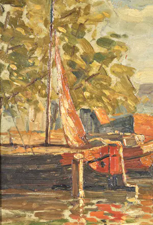 Anthonie Pieter Schotel - Grachtgezicht met brug en zeilschip - Olie op paneel - Gesigneerd - 37x62 cm kopen? Bied vanaf 690!