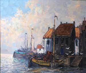 Niet of onleesbaar gesigneerd - Havengezicht - H. Dijk verkocht voor € 1!