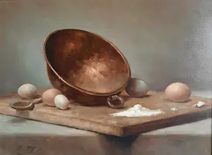 Niet of onleesbaar gesigneerd - L.Polak stilleven met ketel en eieren kopen? Bied vanaf 1!