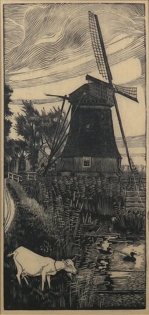 Jan Veringa - Houtsnede, Molen kopen? Bied vanaf 1!