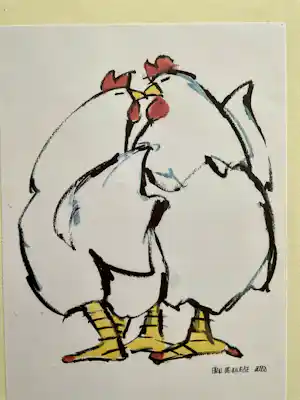 Ellen Meuwese - kippen, gesigneerd in druk en gelijst verkocht voor € 25!