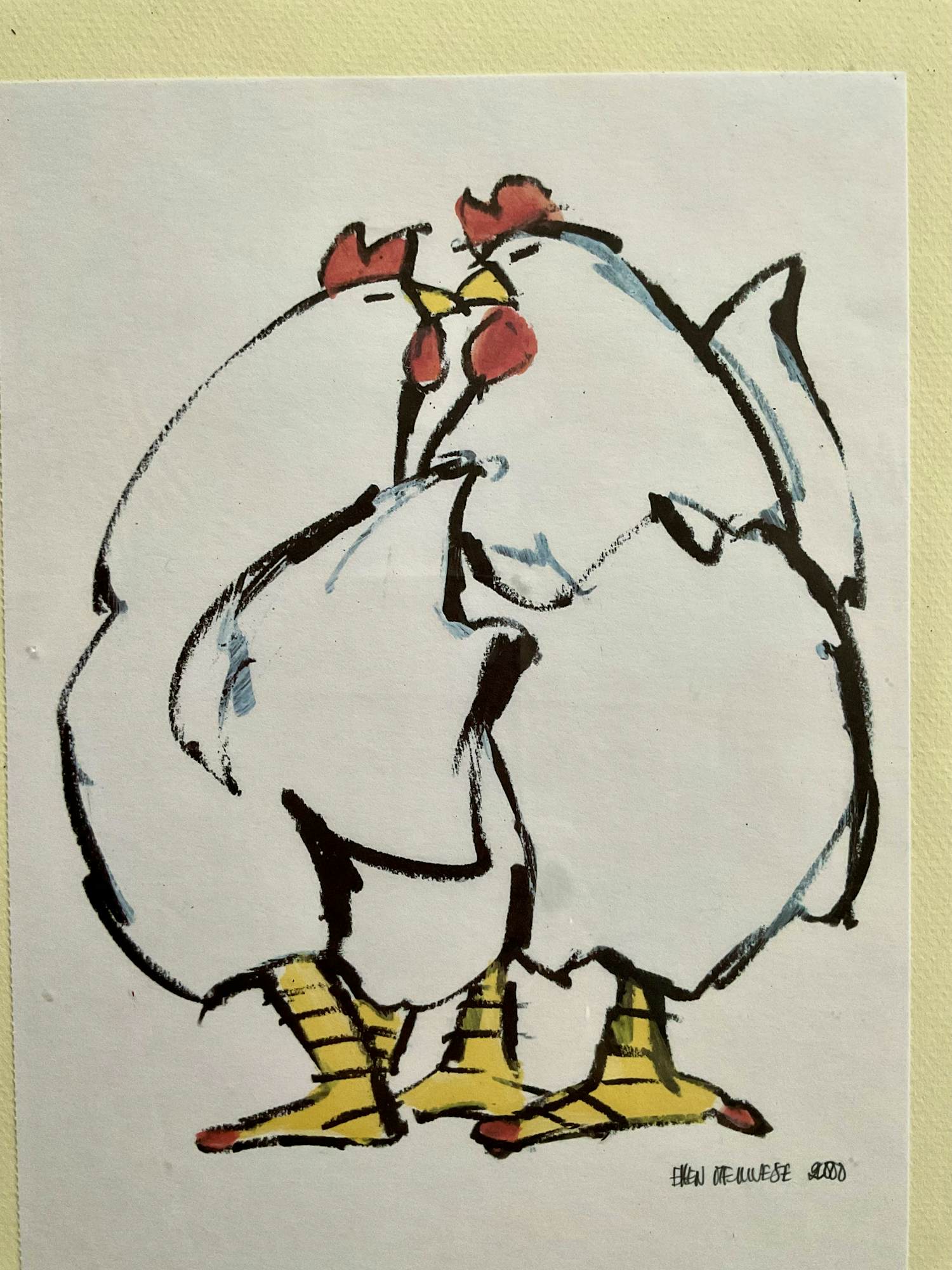 Ellen Meuwese - 2 kussende kippen, gesigneerd in druk en gelijst kopen? Bied vanaf 20!