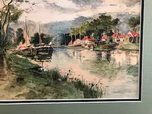 Clement Bezemer - zicht op dorpje aan rivier met afgemeerde boten (in dubbel passe partout) kopen? Bied vanaf 30!