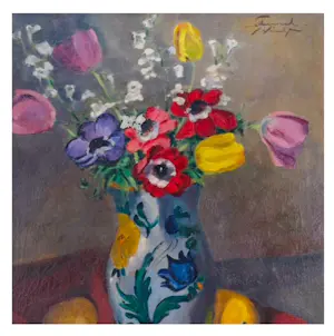 Edmond Wingen - expressief bloemstilleven met tulpen en anemonen in vaas kopen? Bied vanaf 195!