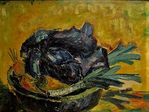 Niet of onleesbaar gesigneerd - Omstreeks 1960 Expressionist. Olieverf "Stilleven met Rode kool en Prei" kopen? Bied vanaf 1!