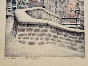 Jan Strube - leuke kleuren lithografie "winter te Brugge" - potloodgesigneerd kopen? Bied vanaf 38!