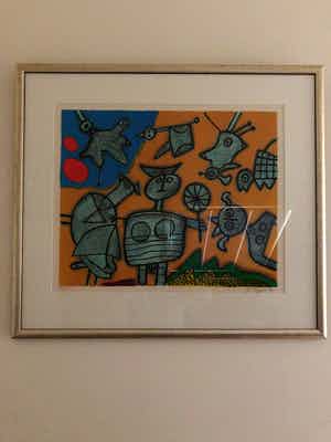 Corneille - chat retrant dans la danse ii - okergeel - 1992 - in prachtige lijst verkocht voor € 250!