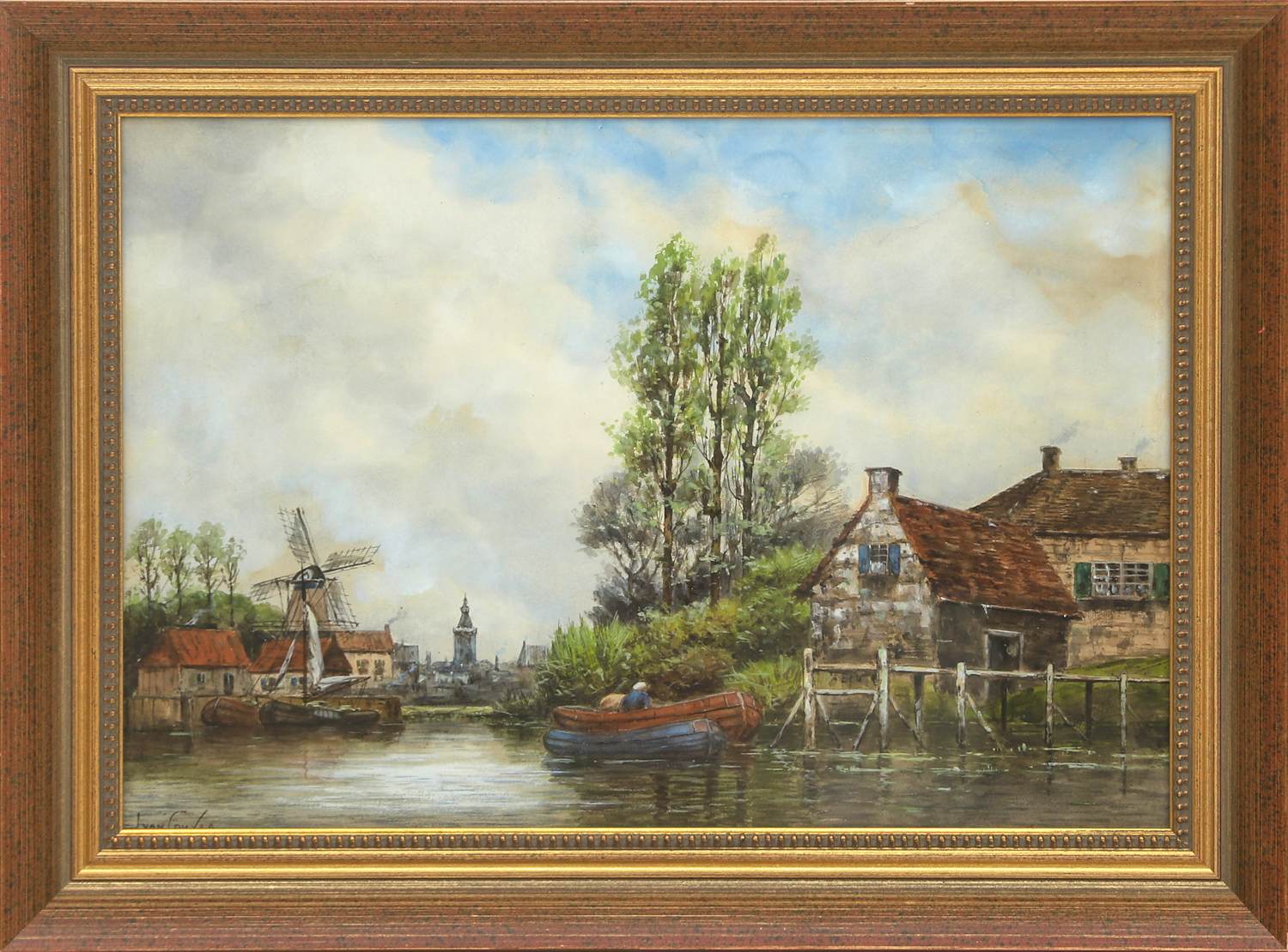 Hermanus Koekkoek (jr.) - Stadsgezicht nabij een haven ☆☆ In Prijs verlaagd ☆☆ verkocht voor € 350!