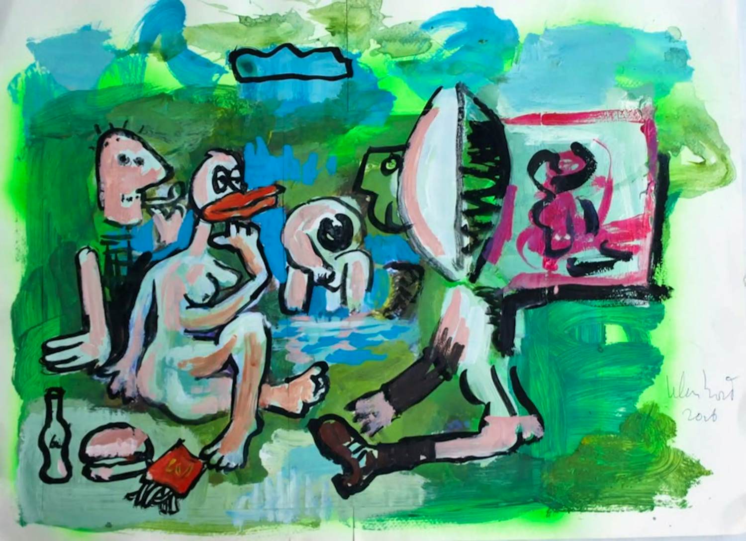 Peter Klashorst - Gemengde techniek - Chillen in het park - Mooi formaat werk - Handgesigneerd !!! verkocht voor € 75!