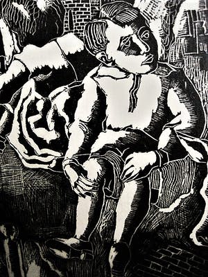 Hubert Bekman - Prachtige handdruk (20 ex) Houtsnede - 1934 - Kinderen in Landschap - potloodges kopen? Bied vanaf 40!