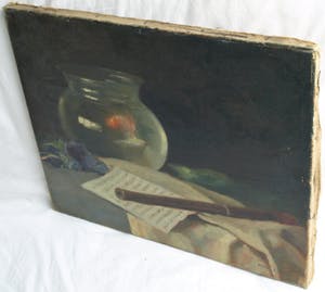 Frits Hes - Olieverf op doek, Stilleven met vissenkom en blokfluit – gesigneerd – ca 1950 kopen? Bied vanaf 100!