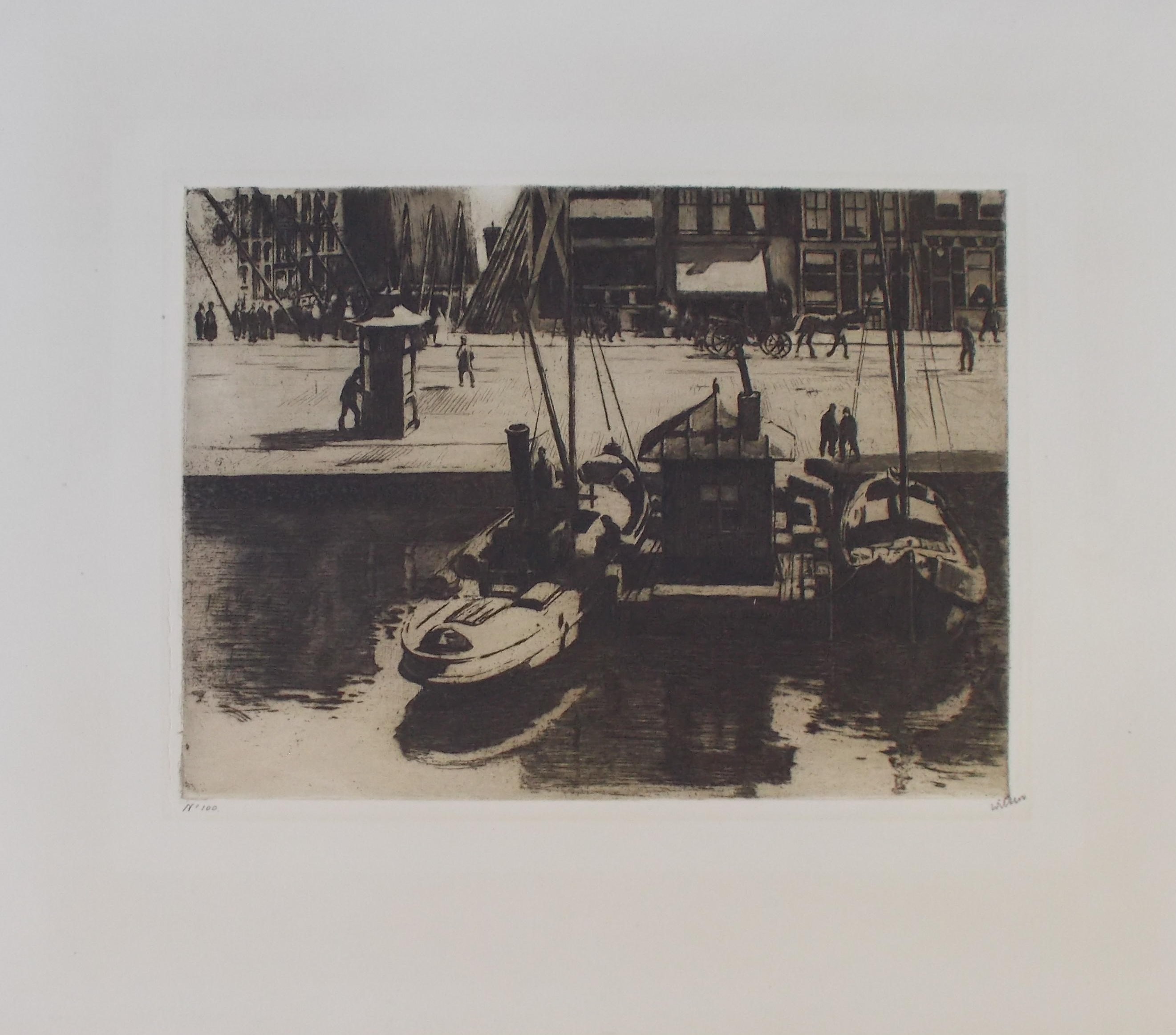 Willem Witsen - Damrak met gezicht op een steiger en een bouwput kopen? Bied vanaf 225!