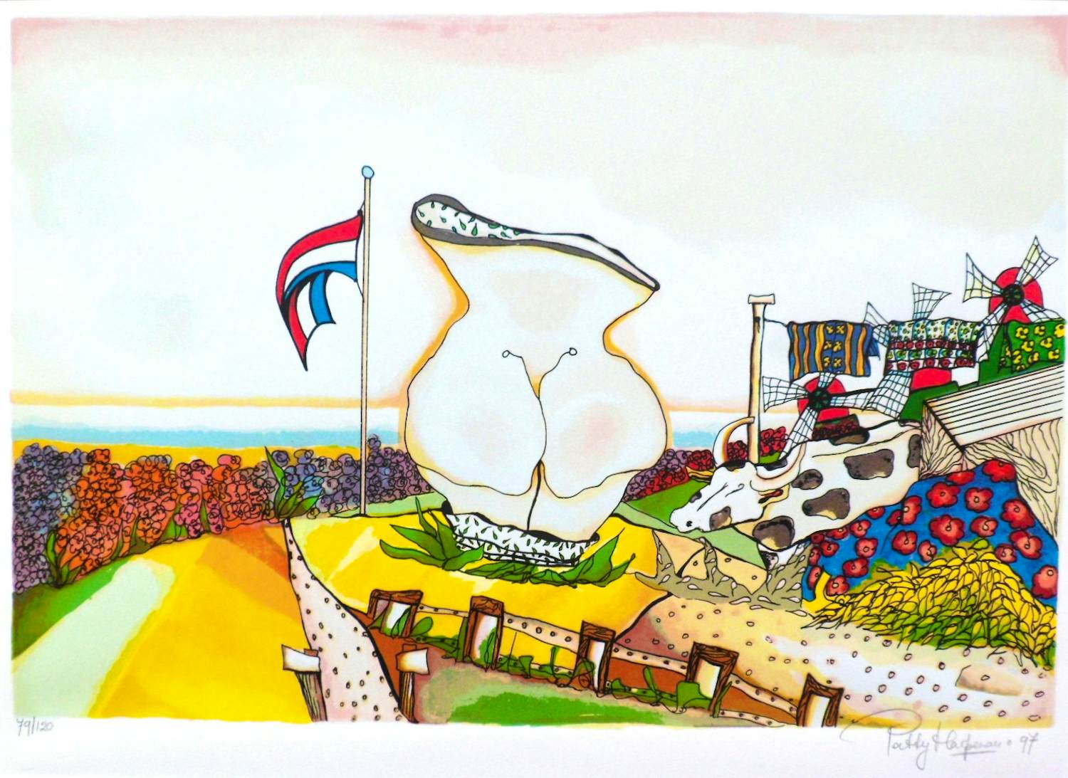 Patty Harpenau - Prachtige, unieke zeefdruk, zicht op de Hollandse kust.Mooie kleuren. kopen? Bied vanaf 125!