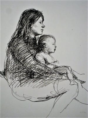 Aat Veldhoen - Vrij zeldzame Litho (Rotaprint) "Moeder en kind" kopen? Bied vanaf 48!