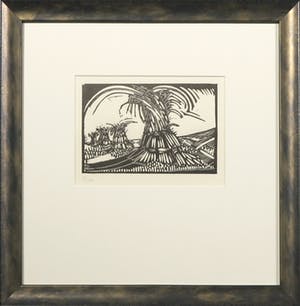 Dick Ket - Linoleumsnede, Korenschoven te Ede - Ingelijst kopen? Bied vanaf 35!