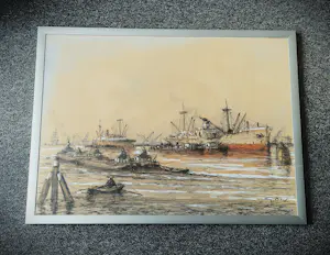Wim Bos - fraaie pastelkrijt op papier "bedrijvigheid in de Rotterdamse haven" gesigneerd kopen? Bied vanaf 60!