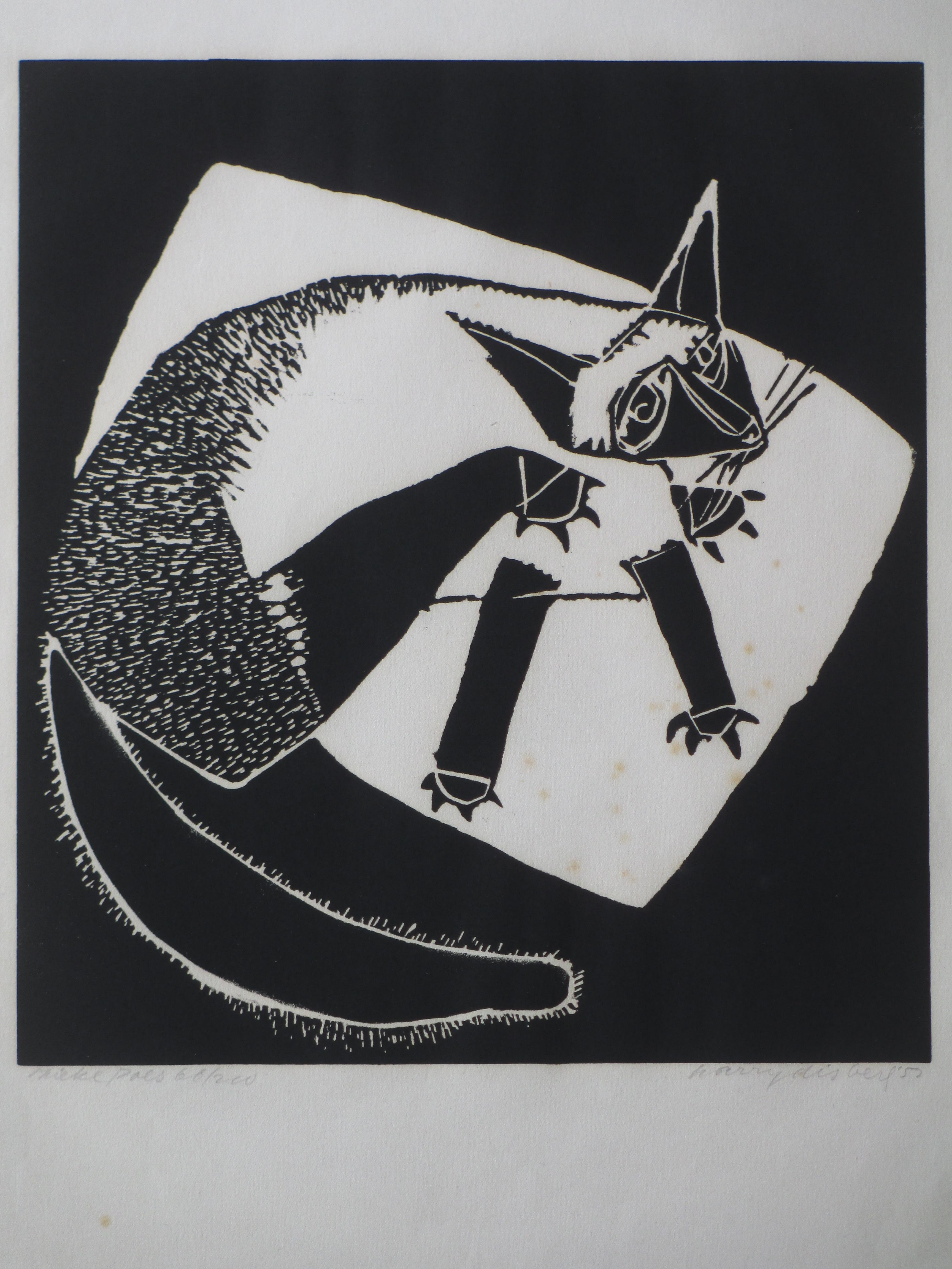 Harry Disberg - Zieke Poes - Houtsnede verkocht voor € 60!