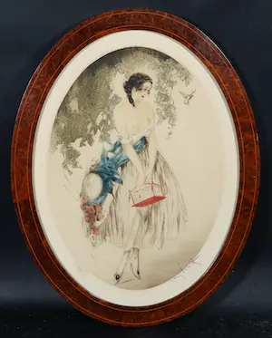 Louis Icart - Ets en aquatint, Vrouw met vogelkooi - Ingelijst kopen? Bied vanaf 250!